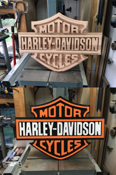 Logo HARLEY DAVIDSON en chêne massif avant/après avoir peinturé
