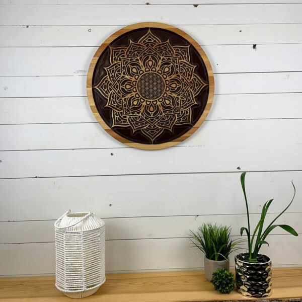 Mandala en bois - Fleur de vie & Fleur de lotus 60x1,9cm | Merisier
