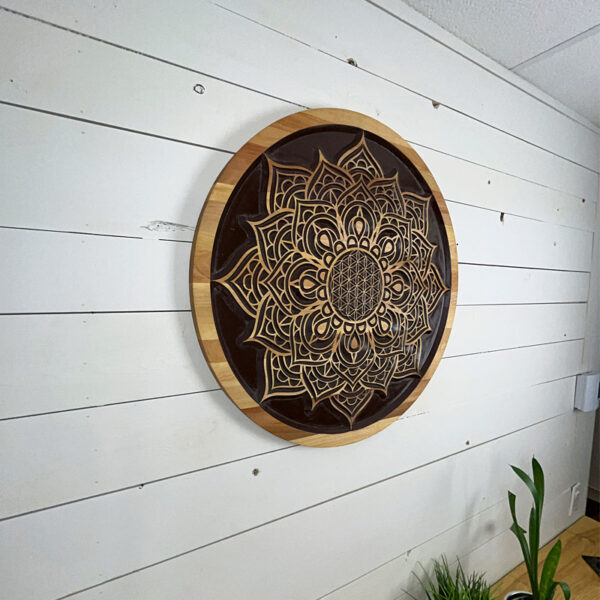 Mandala en bois - Fleur de vie & Fleur de lotus 60x1,9cm | Merisier